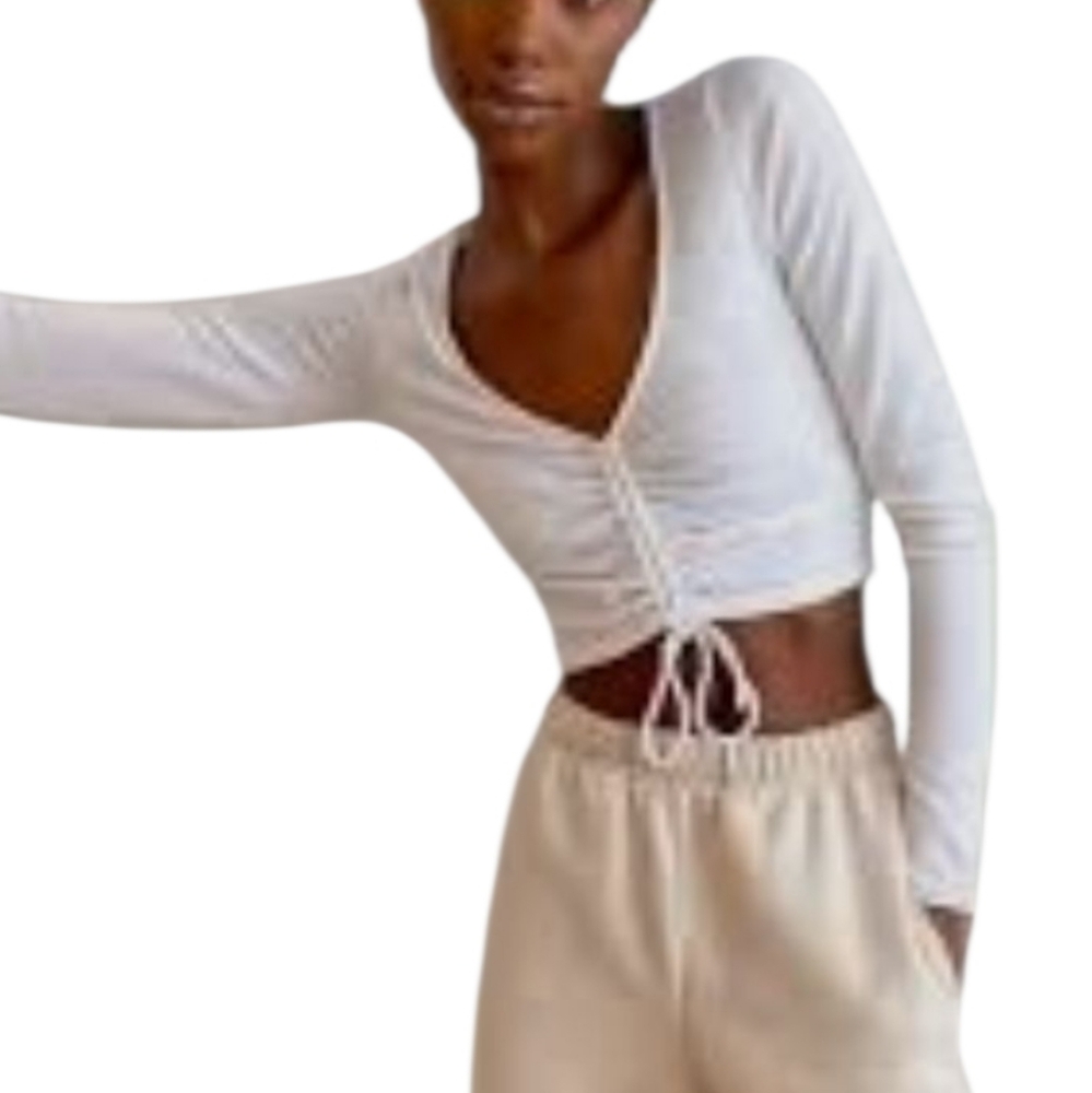 Wilfred Free Aritzia Lynx Longsleeve White Ruched Cropped Top Size Medium